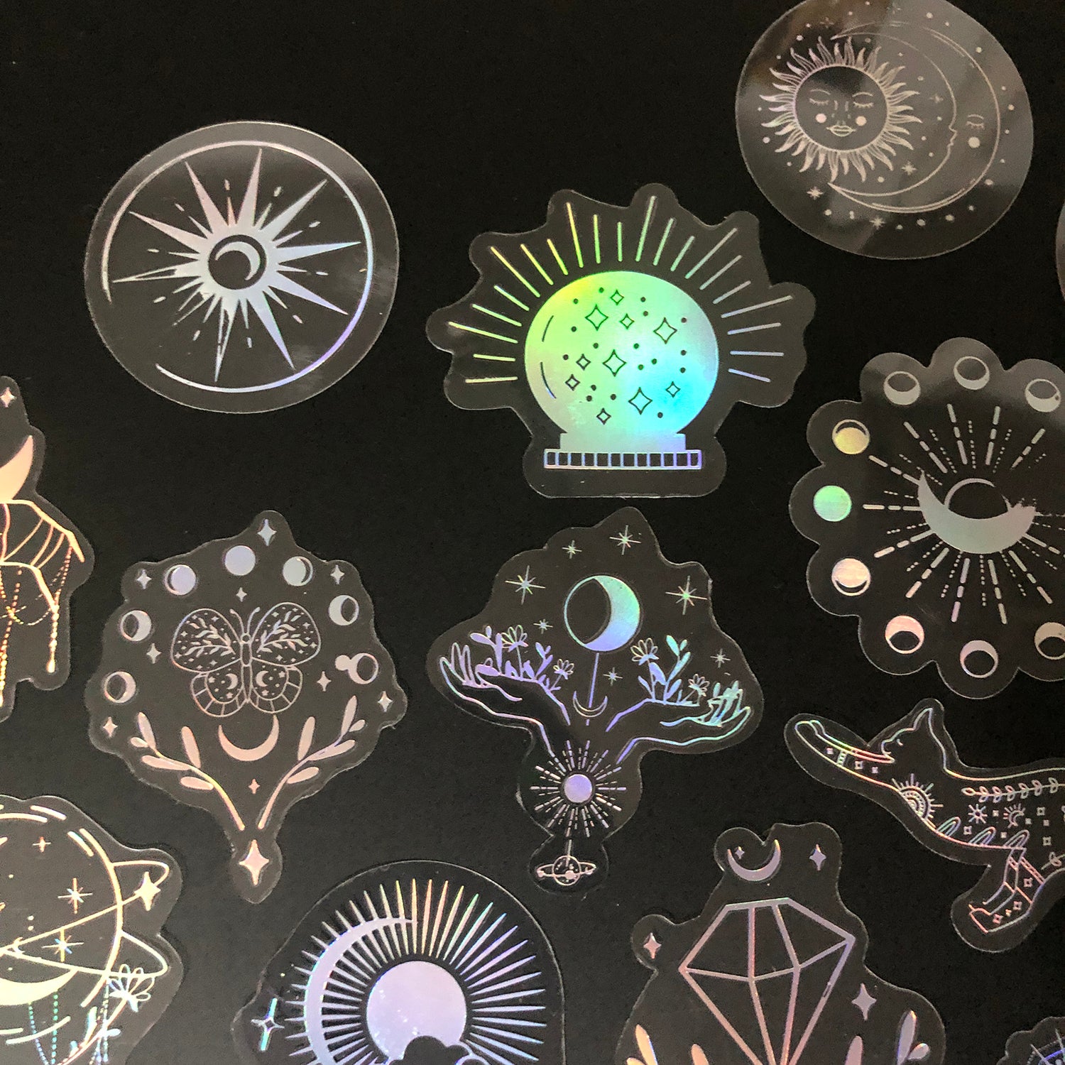 100 pcs Laser Silver Stickers Waterproof Transparent PET Adhesive Sticker Label, The Bohemian Style: Moon, SUN, Diamond, Feather-13