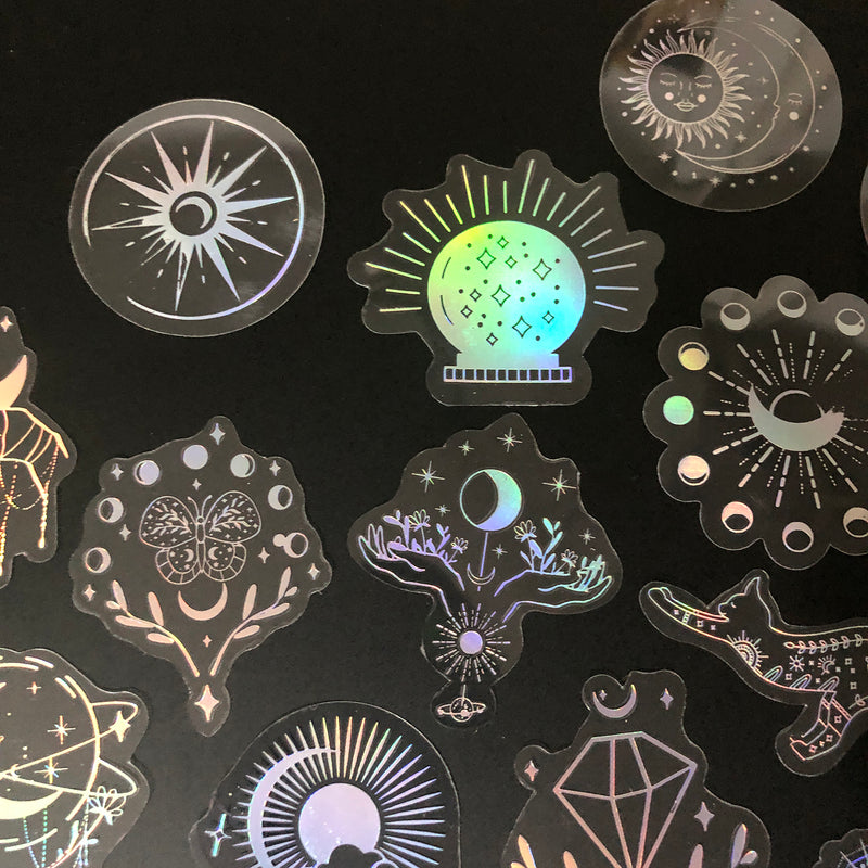 100 pcs Laser Silver Stickers Waterproof Transparent PET Adhesive Sticker Label, The Bohemian Style: Moon, SUN, Diamond, Feather-zoom-