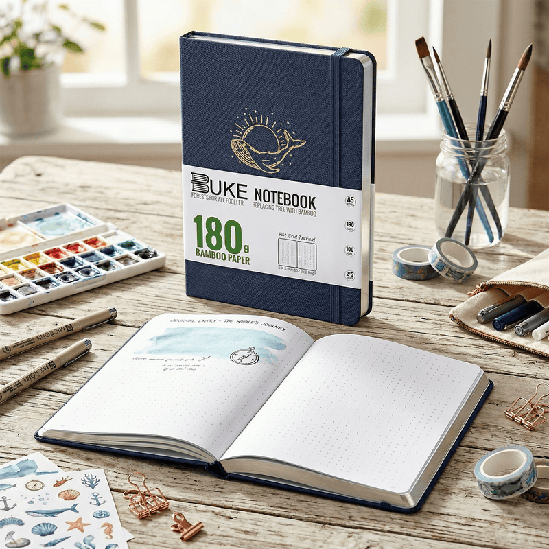 BUKE Whale Fabric Hardcover A5 Dot Grid Notebook 180gsm Silver Edge-zoom-
