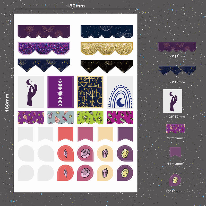9 Bögen BOHO Sticker Mystery-Serie für Bullet Journals, Planer und Notizbücher. Plus roségoldener Sticker zum Feiern von Zielen-zoom-