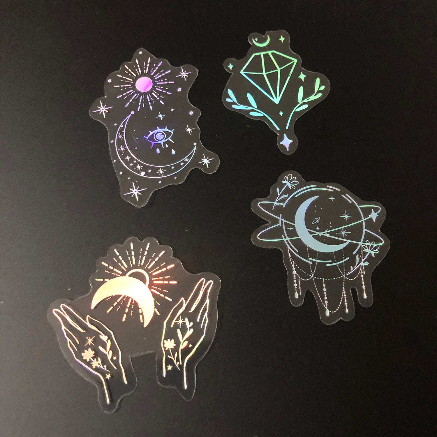 100 pcs Laser Silver Stickers Waterproof Transparent PET Adhesive Sticker Label, The Bohemian Style: Moon, SUN, Diamond, Feather-14