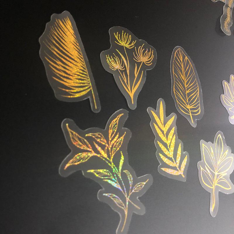 80 Pcs Glitter Gold Stickers Plant Flower,Waterproof Transparent Decorative Decals, PET Adhesive Sticker Label-zoom-
