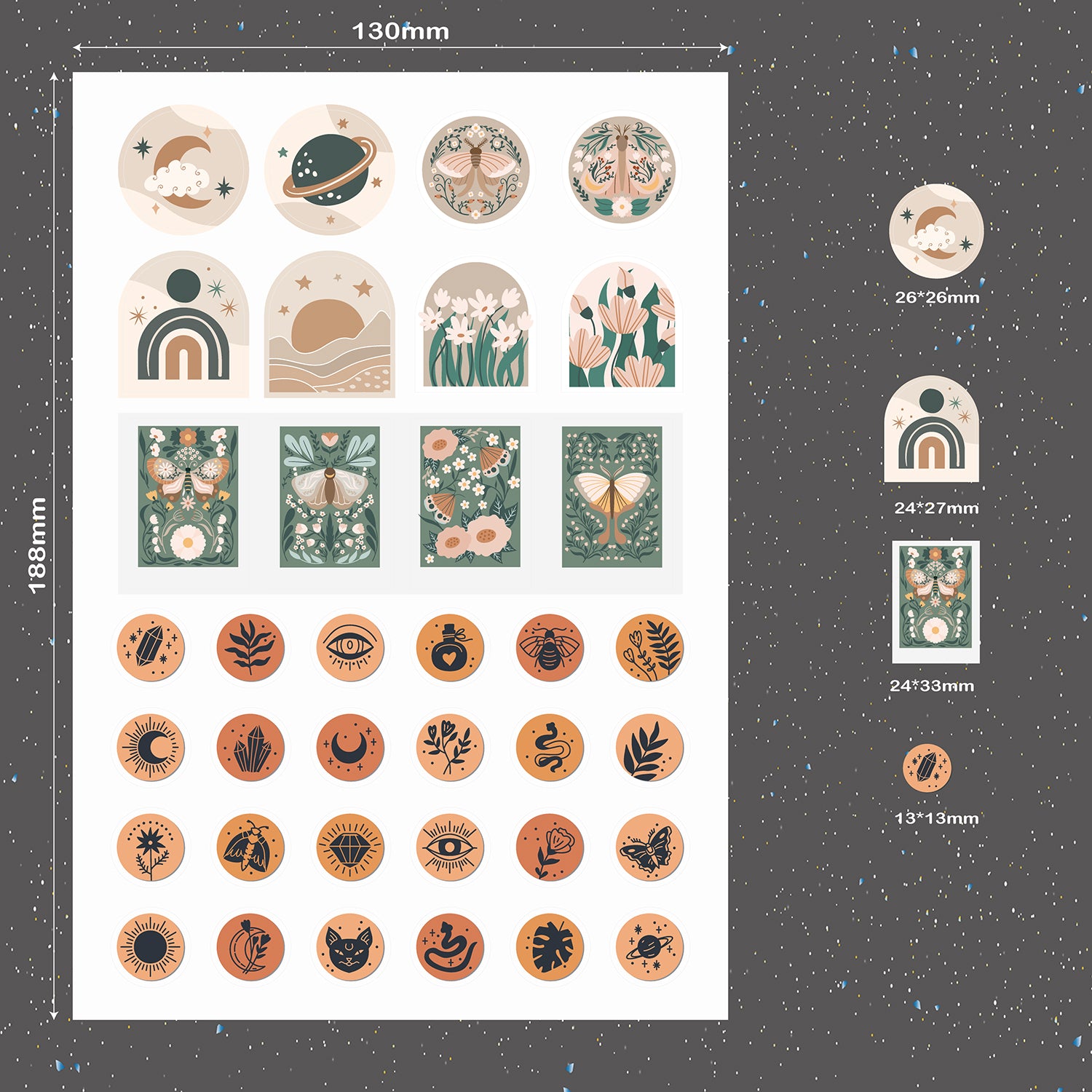 9 Bögen BOHO Sticker Mystery-Serie für Bullet Journals, Planer und Notizbücher. Plus roségoldener Sticker zum Feiern von Zielen-zoom-11