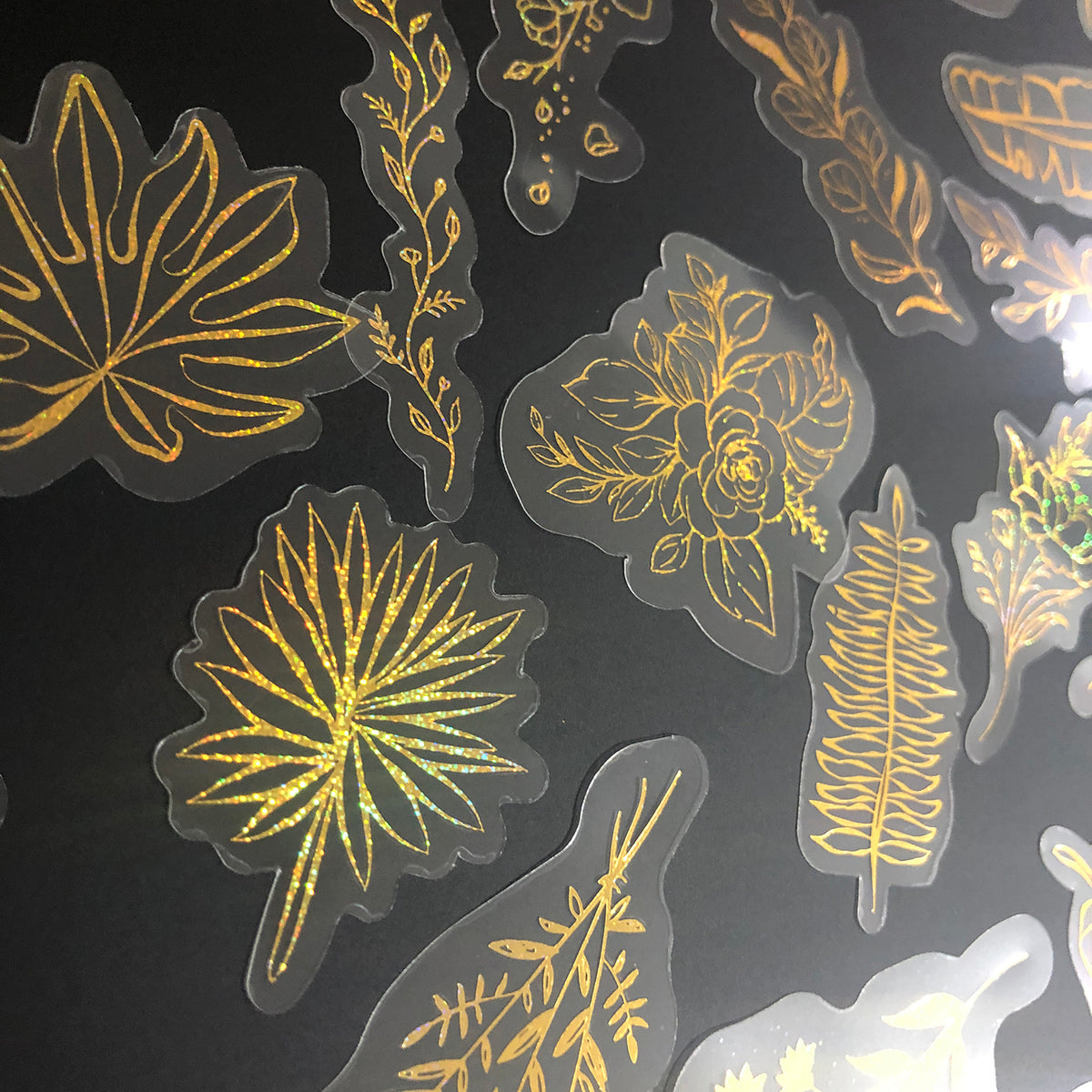 80 Pcs Glitter Gold Stickers Plant Flower,Waterproof Transparent Decorative Decals, PET Adhesive Sticker Label