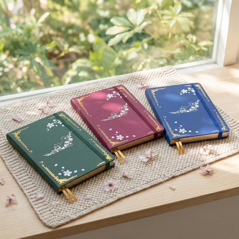 A5 Cat & Cherry Blossom Dot Grid Journal with Gold Gilded Edges, 160gsm Paper-zoom-