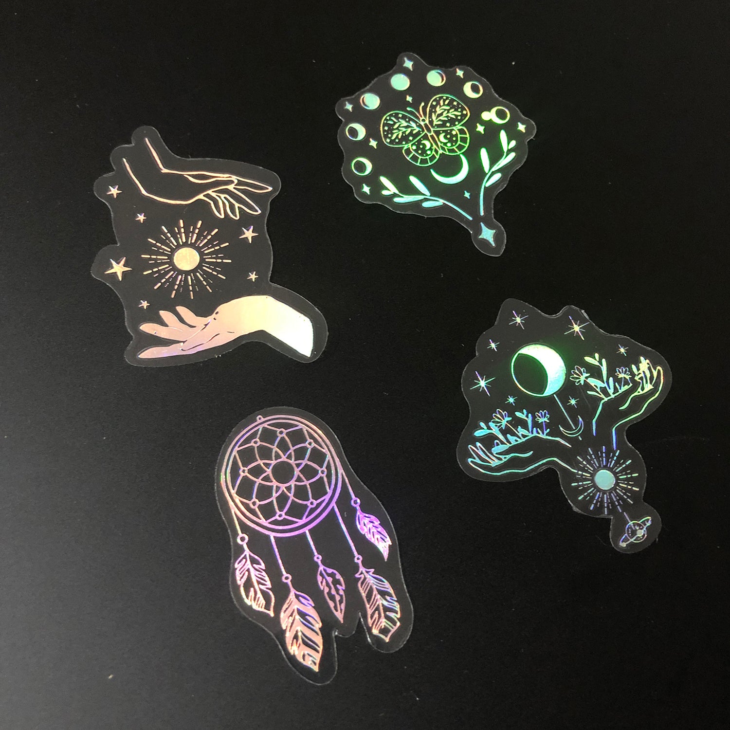 100 pcs Laser Silver Stickers Waterproof Transparent PET Adhesive Sticker Label, The Bohemian Style: Moon, SUN, Diamond, Feather-zoom-16