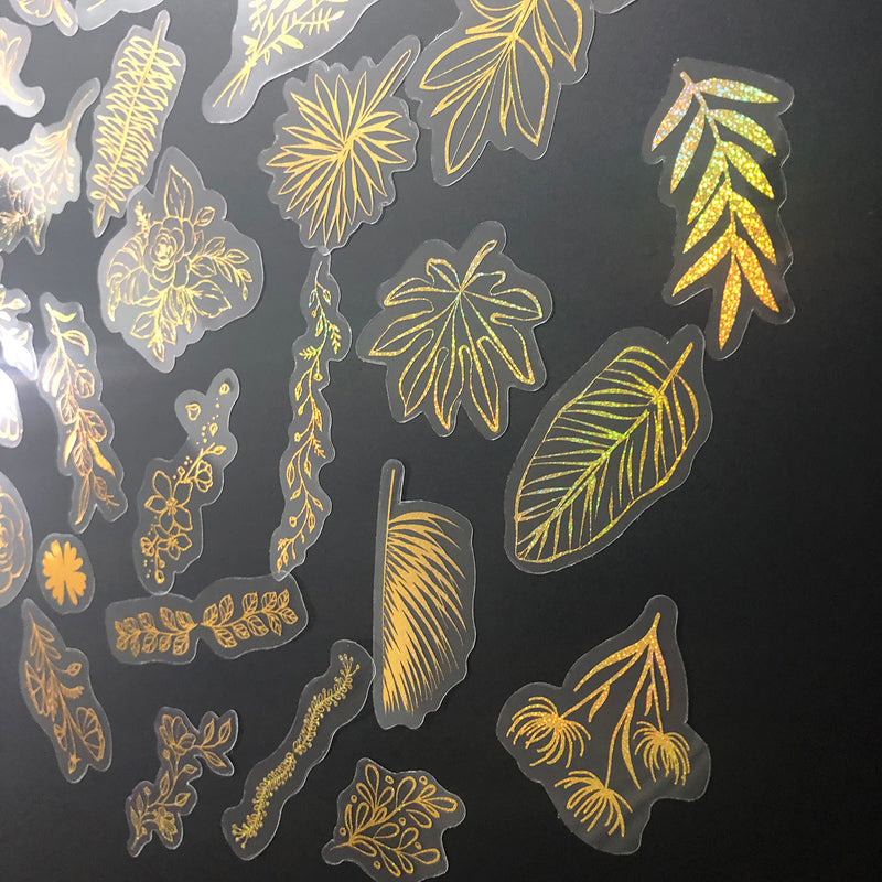 80 Pcs Glitter Gold Stickers Plant Flower,Waterproof Transparent Decorative Decals, PET Adhesive Sticker Label-zoom-