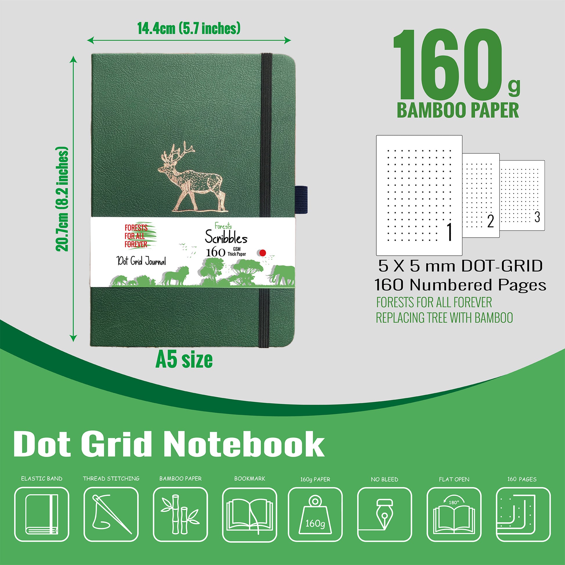 A5 Forest Green Deer Dot Grid Journal with 160gsm Bamboo Paper-6