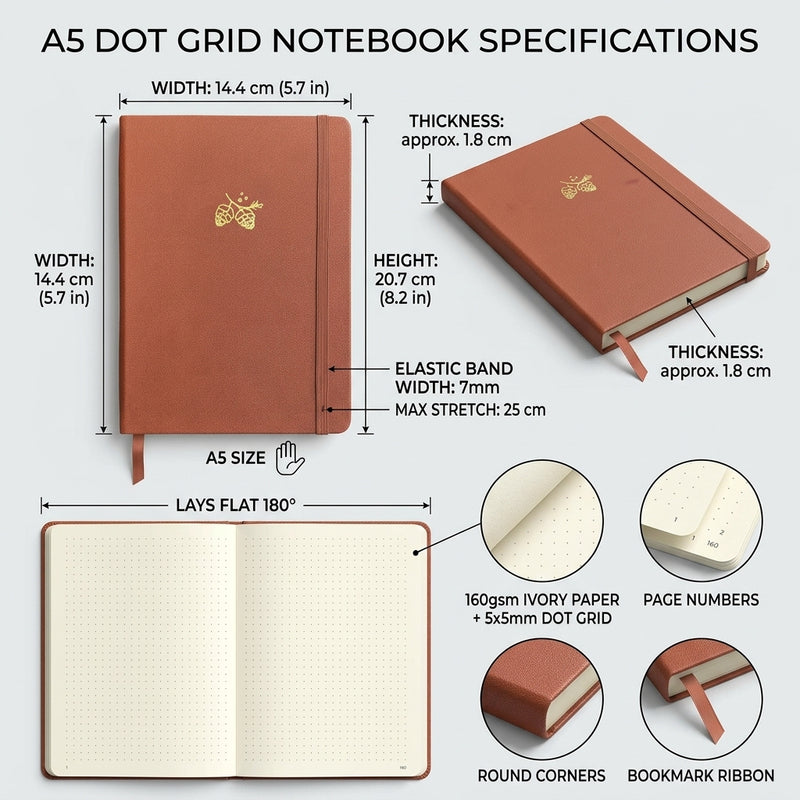 A5 Minimalist Dot Grid Journal with Gold Pinecone Foil, 160gsm Ivory Paper-zoom-