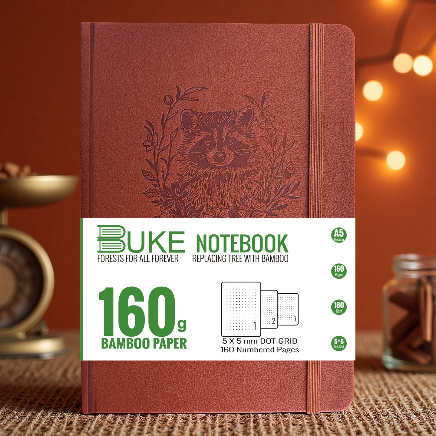 Embossed raccoon floral hardcover journal with elastic band