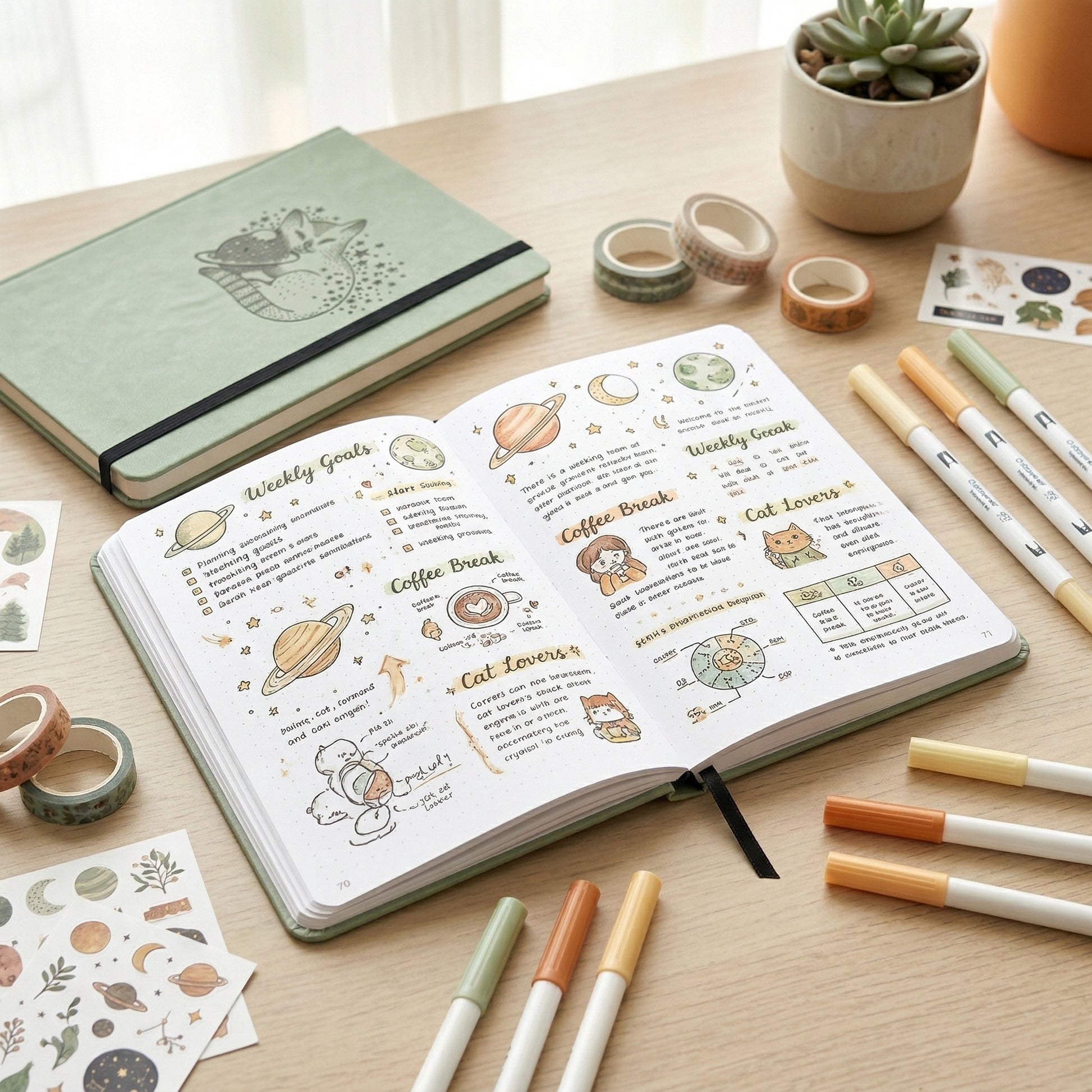 Stargazer Cat A5 Dot Grid Notebook 160gsm Sage Green Hardcover Journal-6