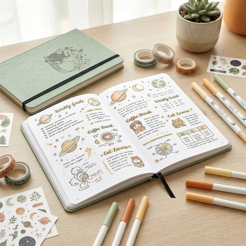 Stargazer Cat A5 Dot Grid Notebook 160gsm Sage Green Hardcover Journal-zoom-