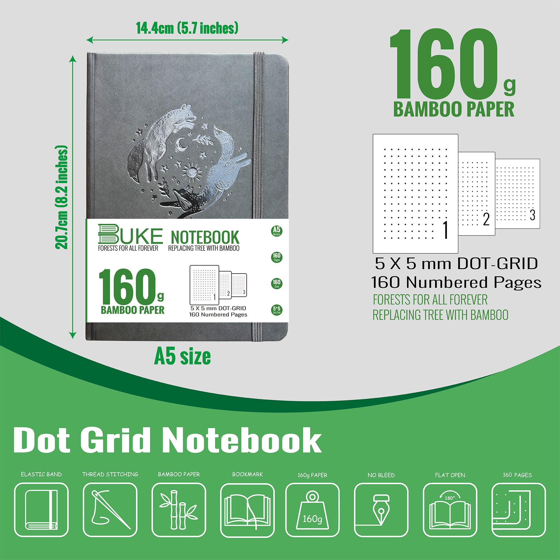 Gift-Ready A5 Dot Grid Journal in Dark Grey with Embossed Fox Moon Cover-4