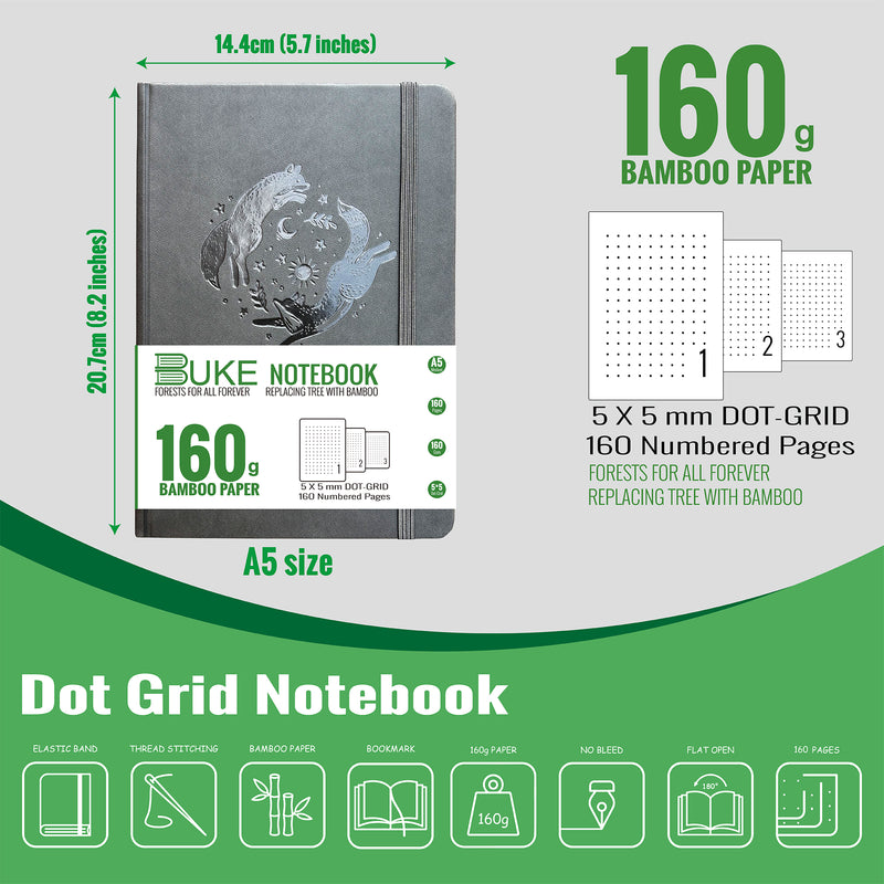 Gift-Ready A5 Dot Grid Journal in Dark Grey with Embossed Fox Moon Cover-zoom-