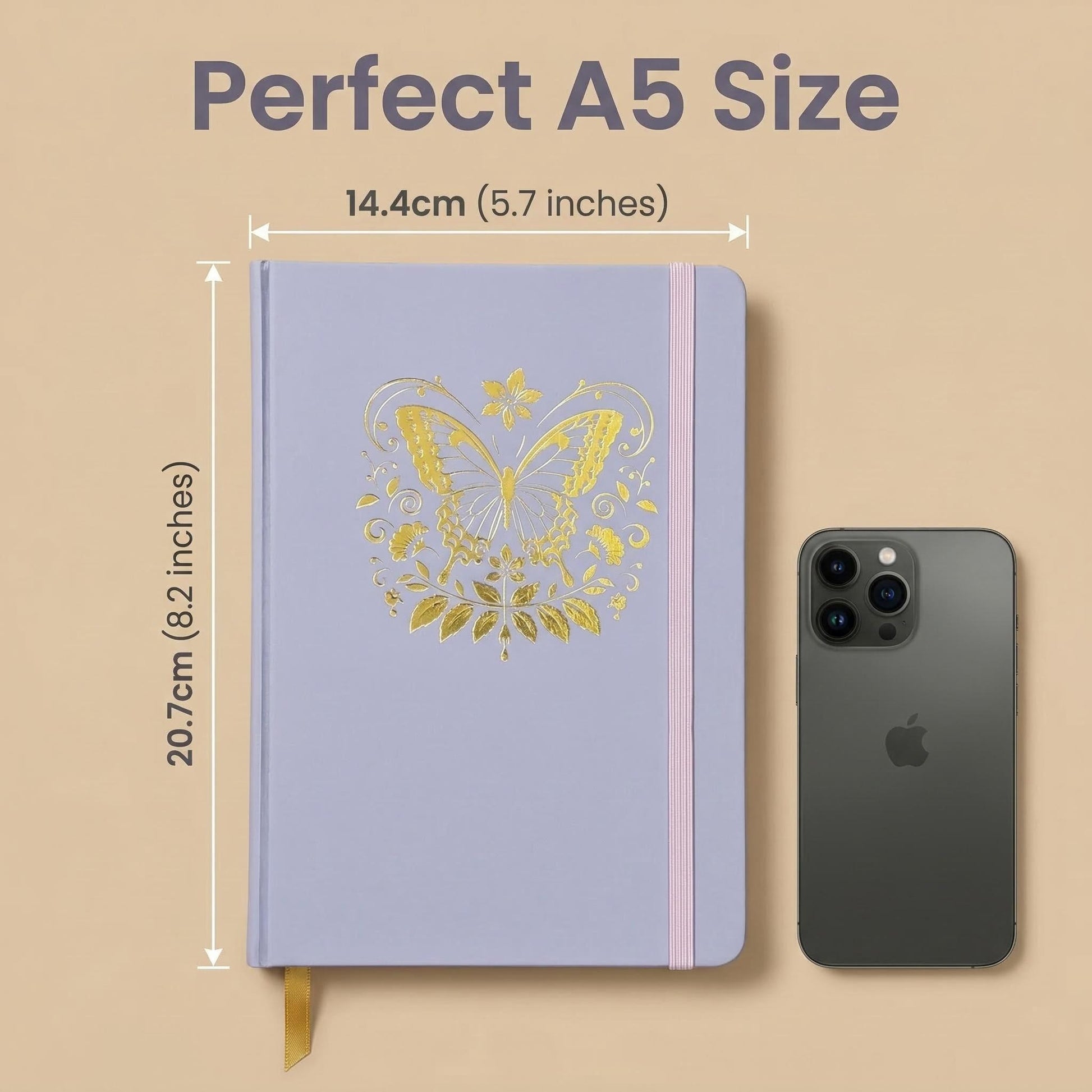 A5 Dot Grid Notebook Lavender Hardcover Journal with Gold Foil Butterfly Cover-4