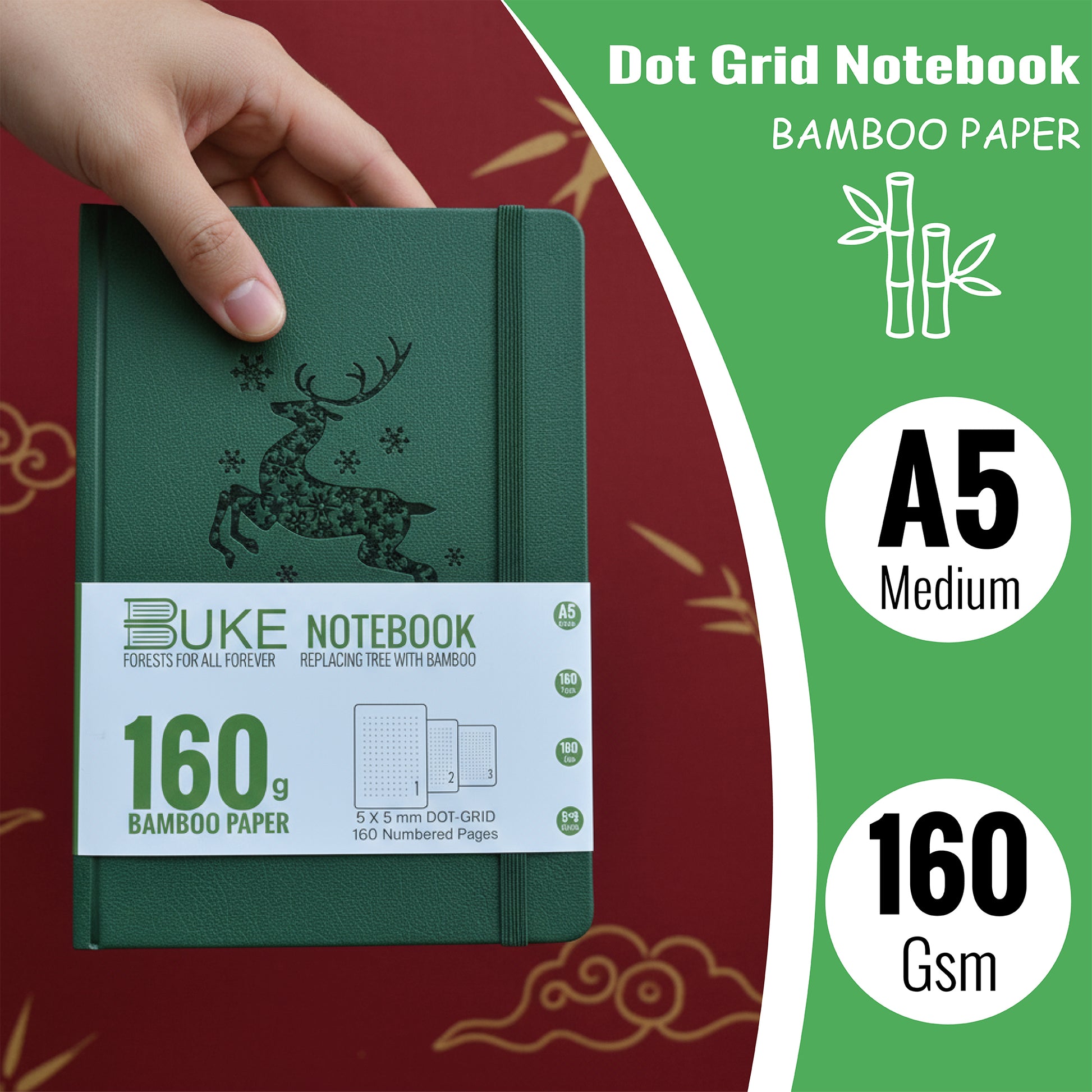 A5 Dot Grid Notebook Teal Green PU Journal with Embossed Reindeer Cover-4