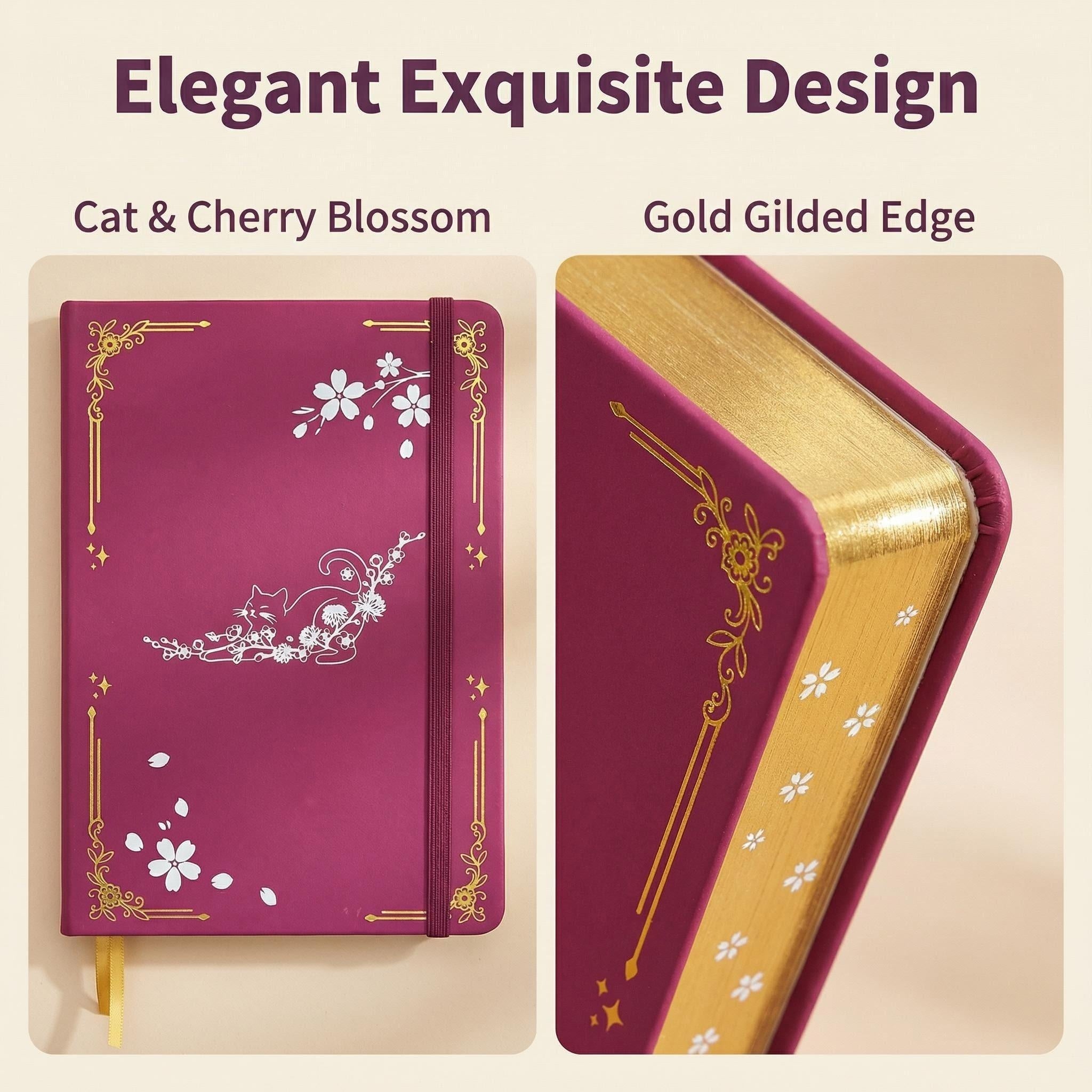 A5 Cat & Cherry Blossom Dot Grid Journal with Gold Gilded Edges, 160gsm Paper-zoom-2