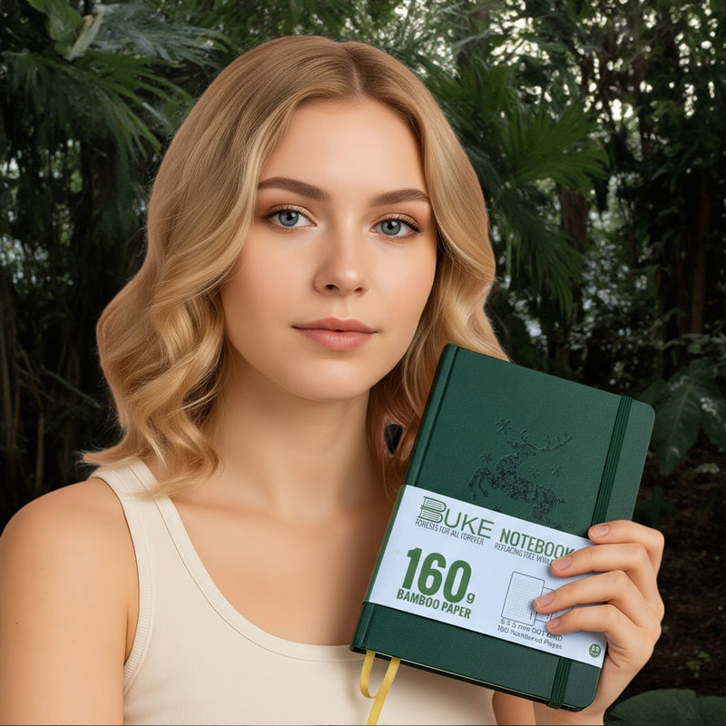 A5 Dot Grid Notebook Teal Green PU Journal with Embossed Reindeer Cover-zoom-