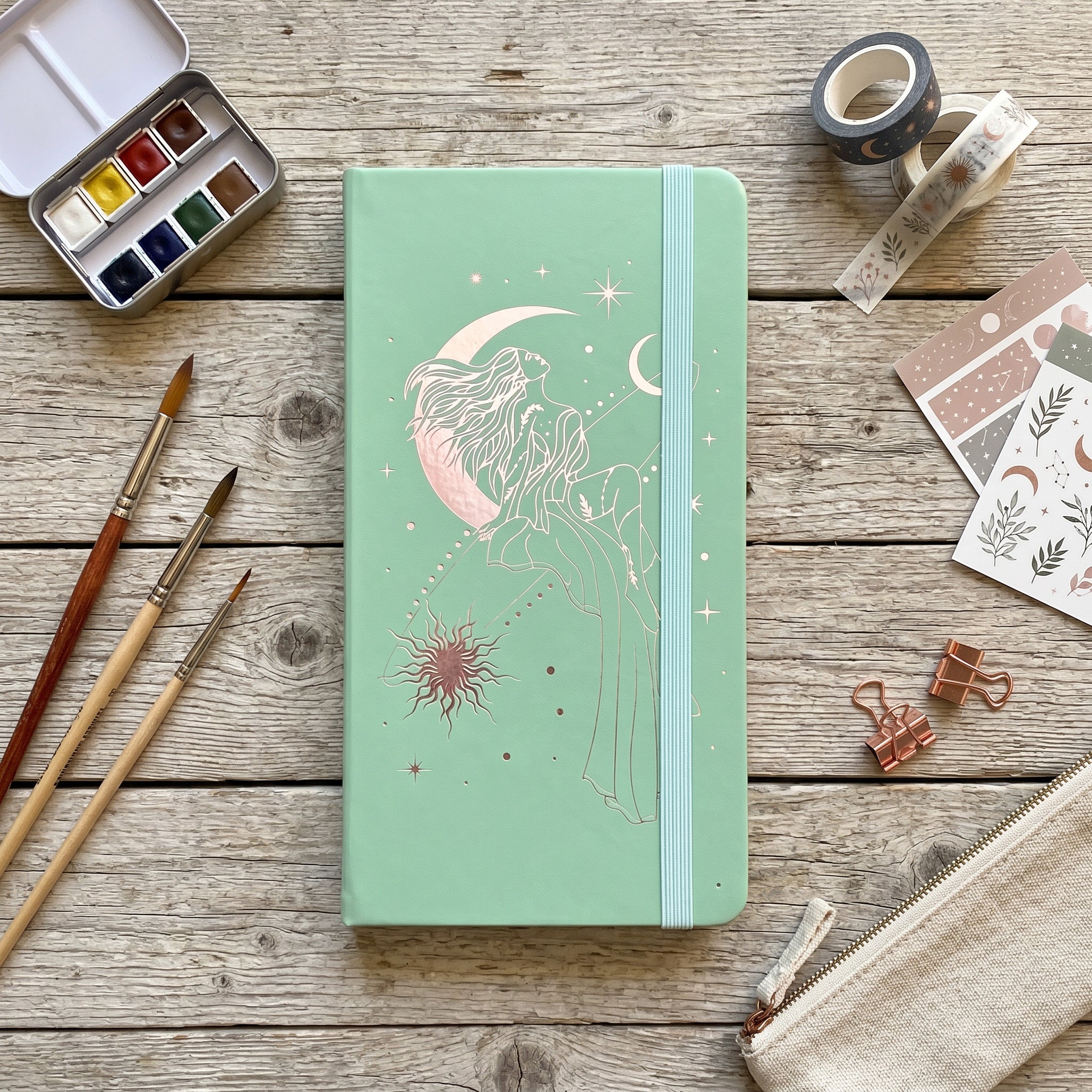 B6 dot grid journal with celestial woman cover and 180gsm white paper
