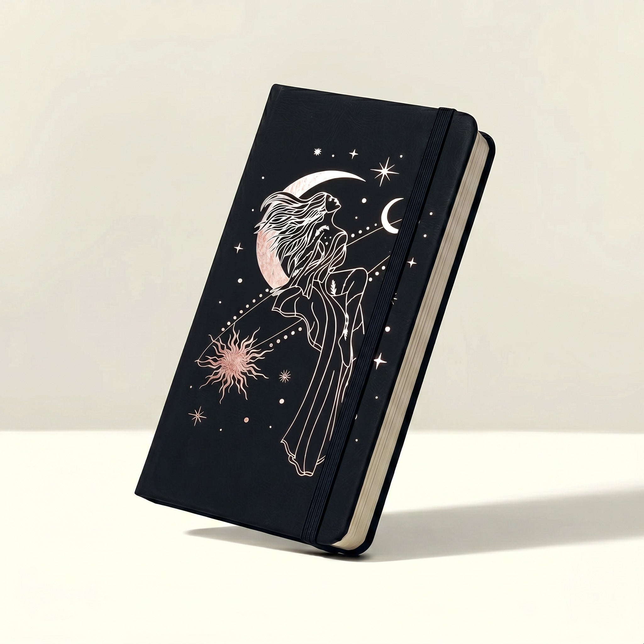 BUKE Black B6 dot grid notebook with celestial woman rose gold foil design