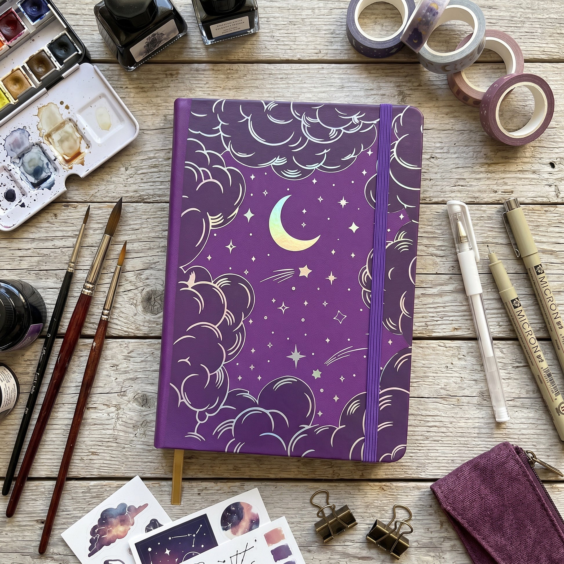 BUKE Midnight Purple Moon and Stars A5 Dot Grid Notebook front cover
