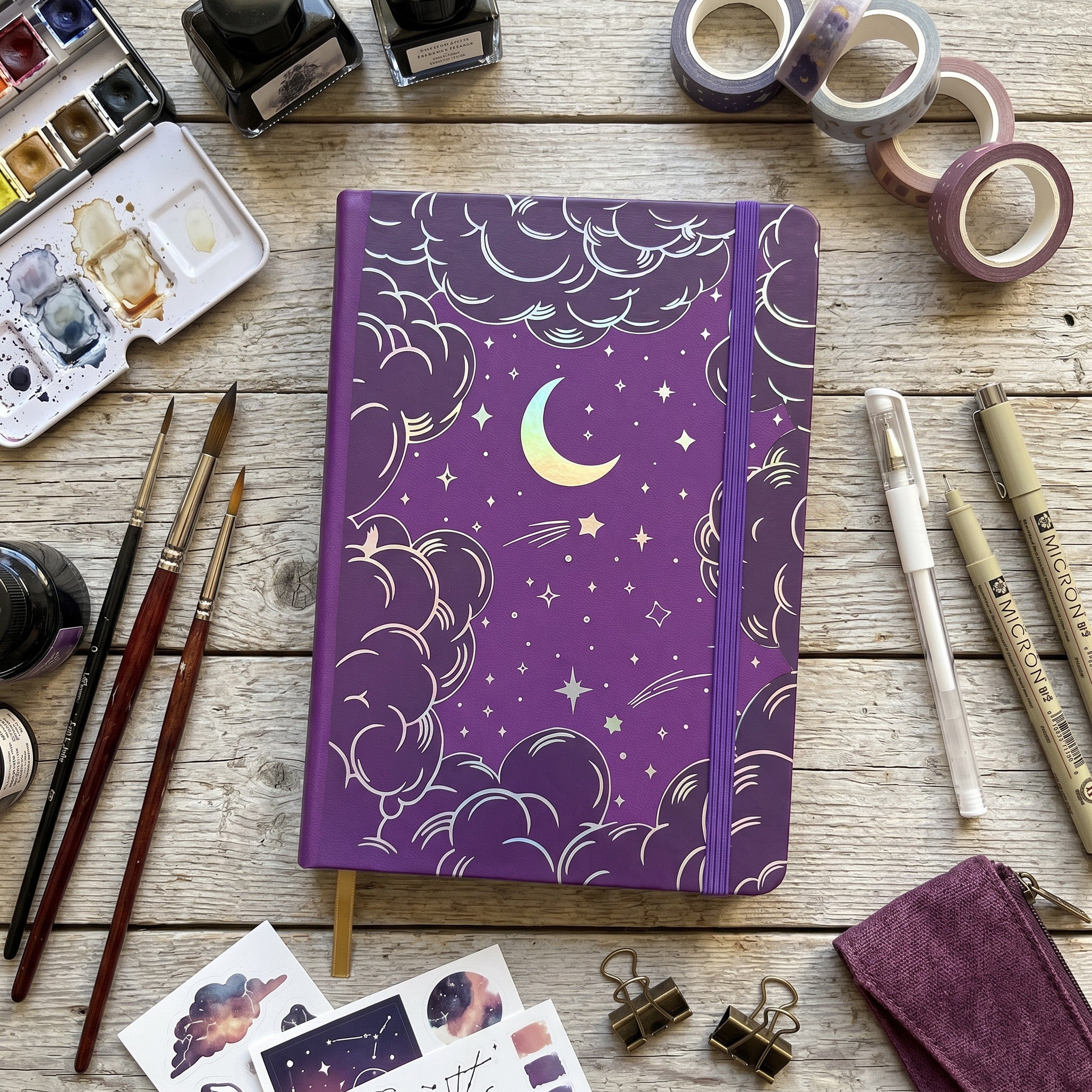 BUKE Midnight Purple Moon and Stars A5 Dot Grid Notebook front cover