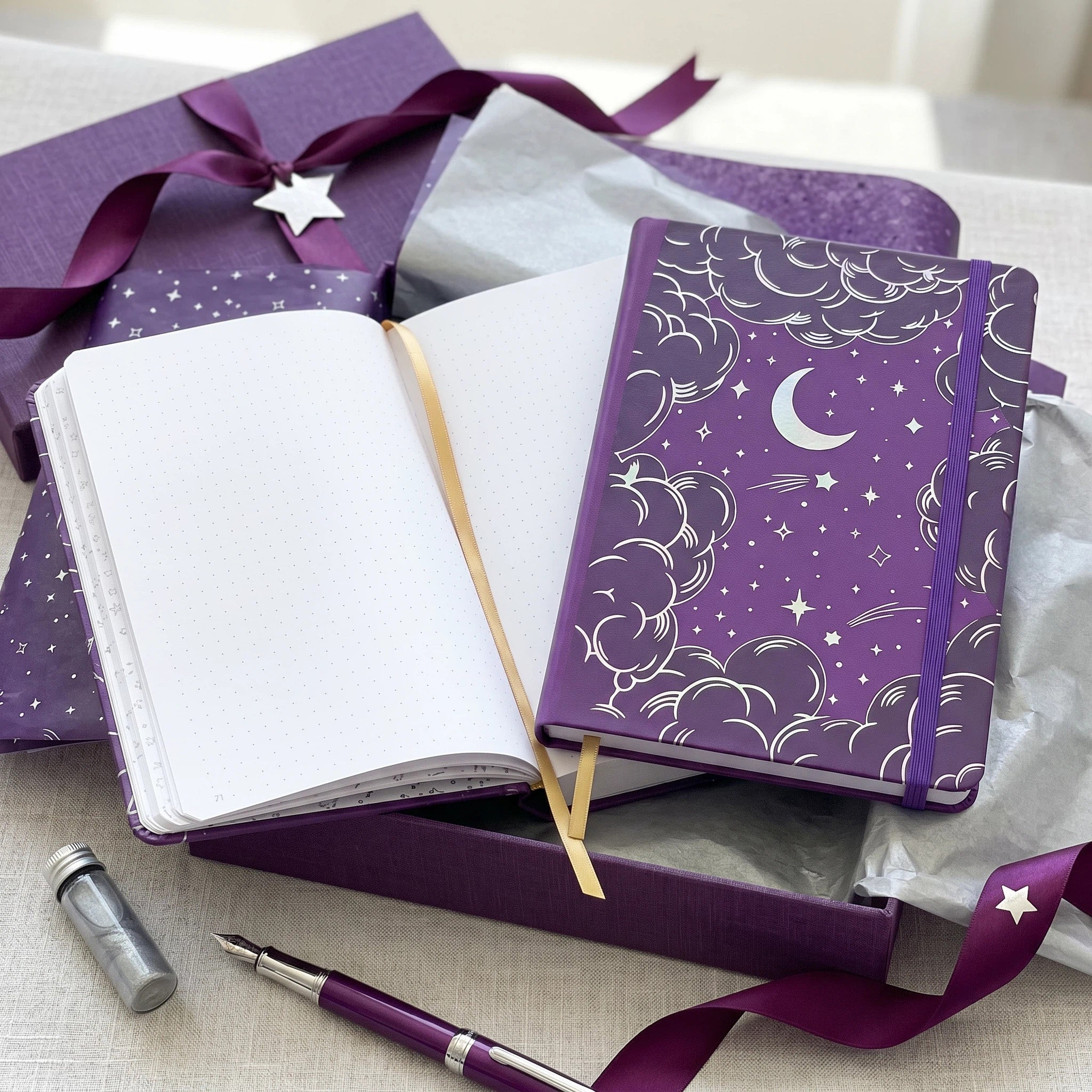 BUKE Midnight Purple/Blue Moon & Stars A5 Dot Grid Notebook Faux PU Leather Cover
