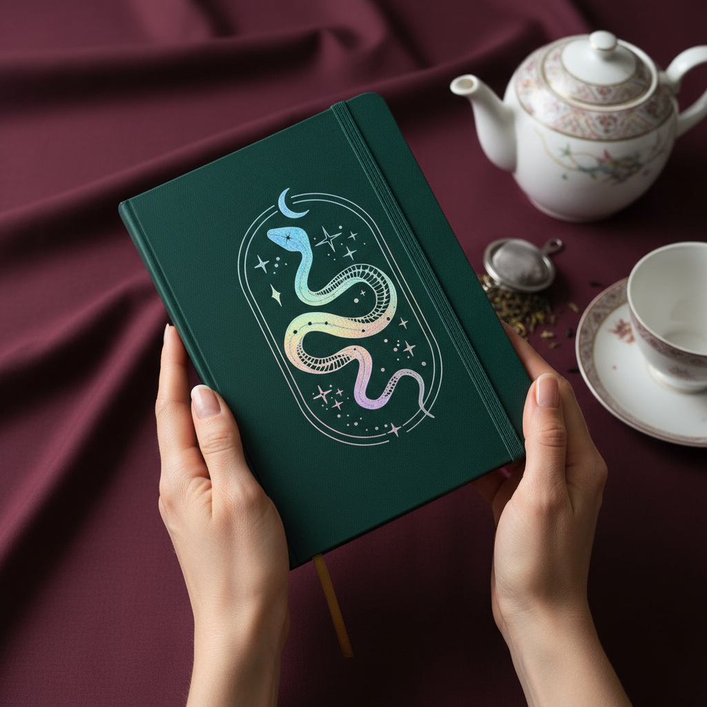 A5 Dot Grid Notebook Dark Green PU Journal with Iridescent Snake Cover-6