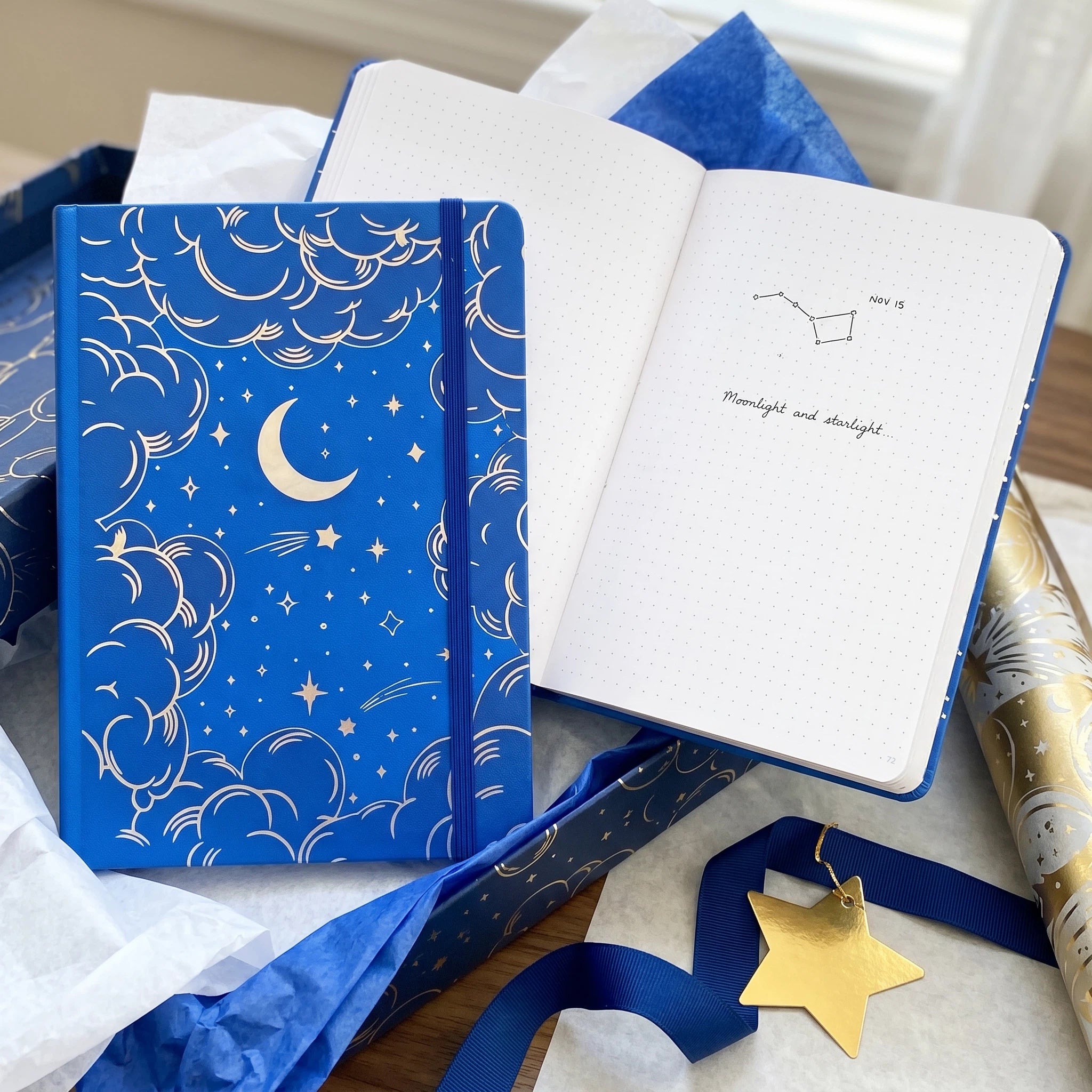 Close-up of faux PU leather celestial notebook cover