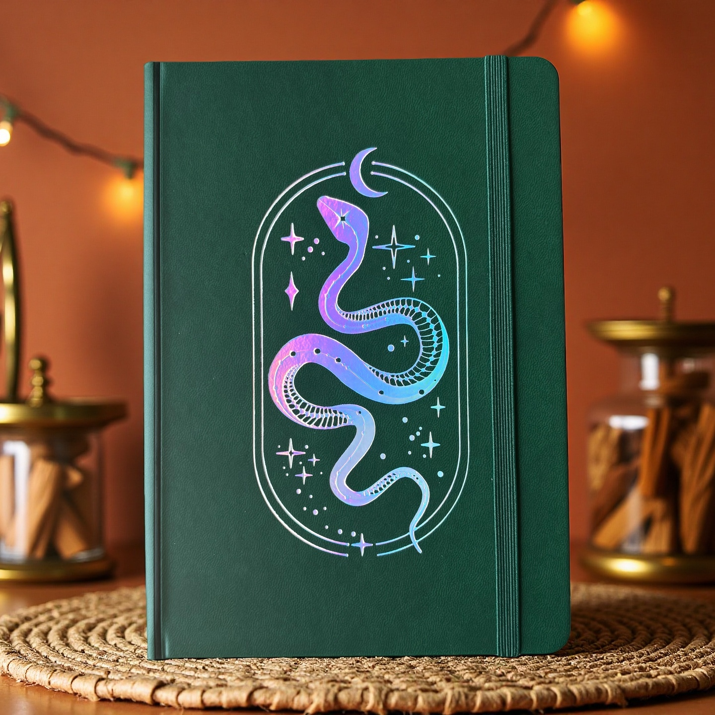 A5 Dot Grid Notebook Dark Green PU Journal with Iridescent Snake Cover-1