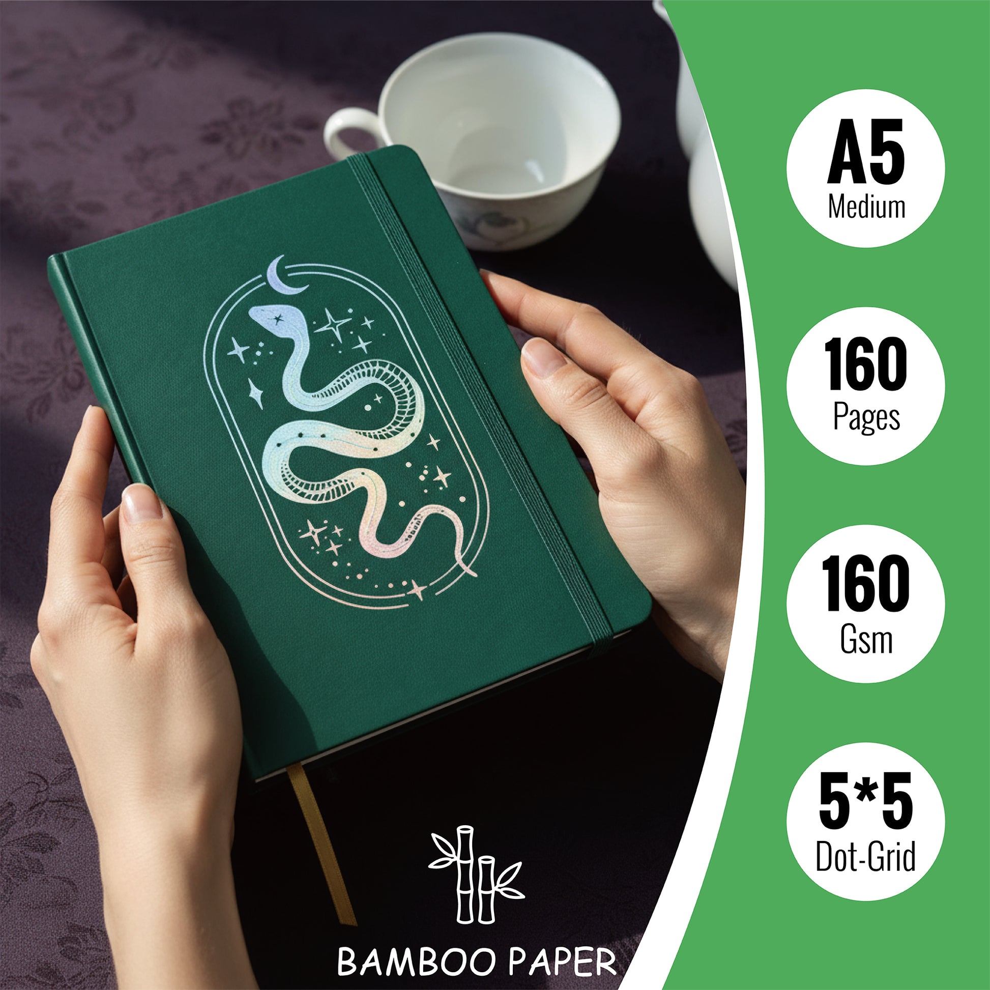 A5 Dot Grid Notebook Dark Green PU Journal with Iridescent Snake Cover-5