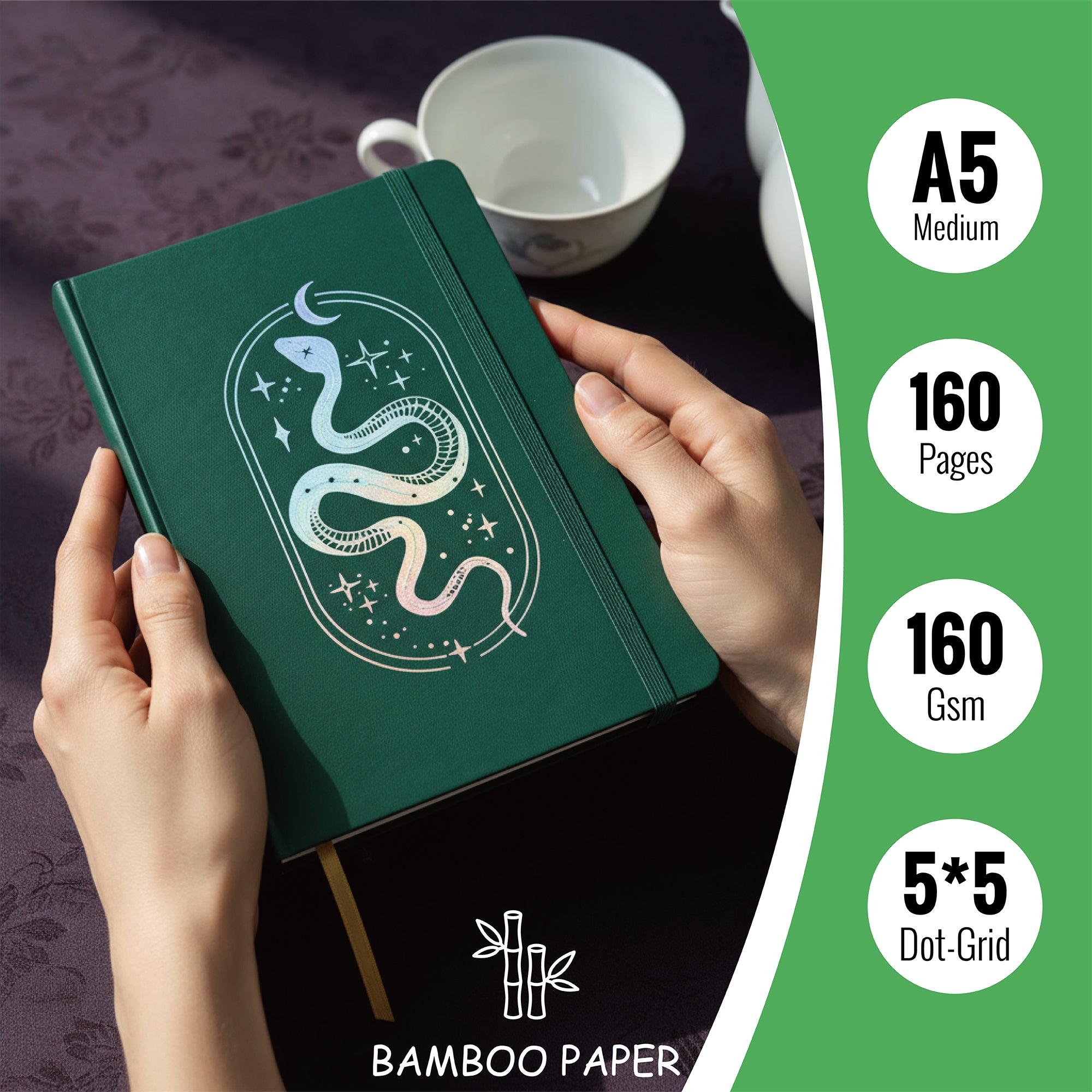A5 Dot Grid Notebook Dark Green PU Journal with Iridescent Snake Cover-zoom-5