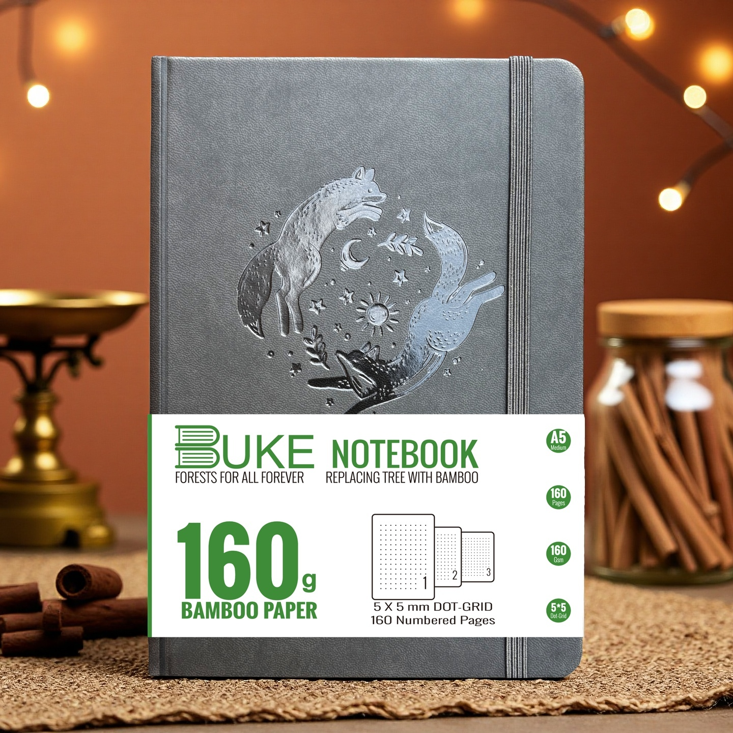 Gift-Ready A5 Dot Grid Journal in Dark Grey with Embossed Fox Moon Cover-zoom-1