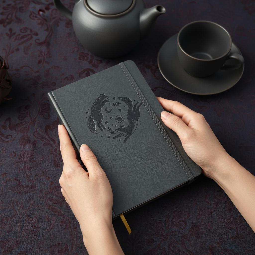 Gift-Ready A5 Dot Grid Journal in Dark Grey with Embossed Fox Moon Cover-7