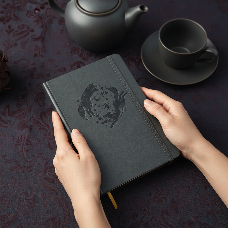 Gift-Ready A5 Dot Grid Journal in Dark Grey with Embossed Fox Moon Cover-zoom-