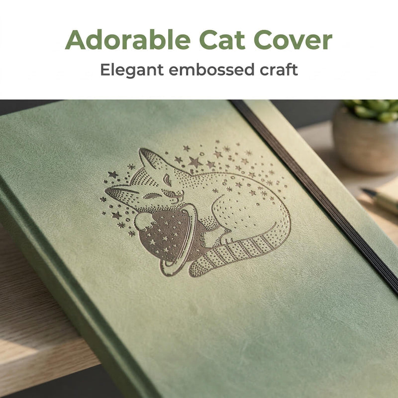Stargazer Cat A5 Dot Grid Notebook 160gsm Sage Green Hardcover Journal-zoom-