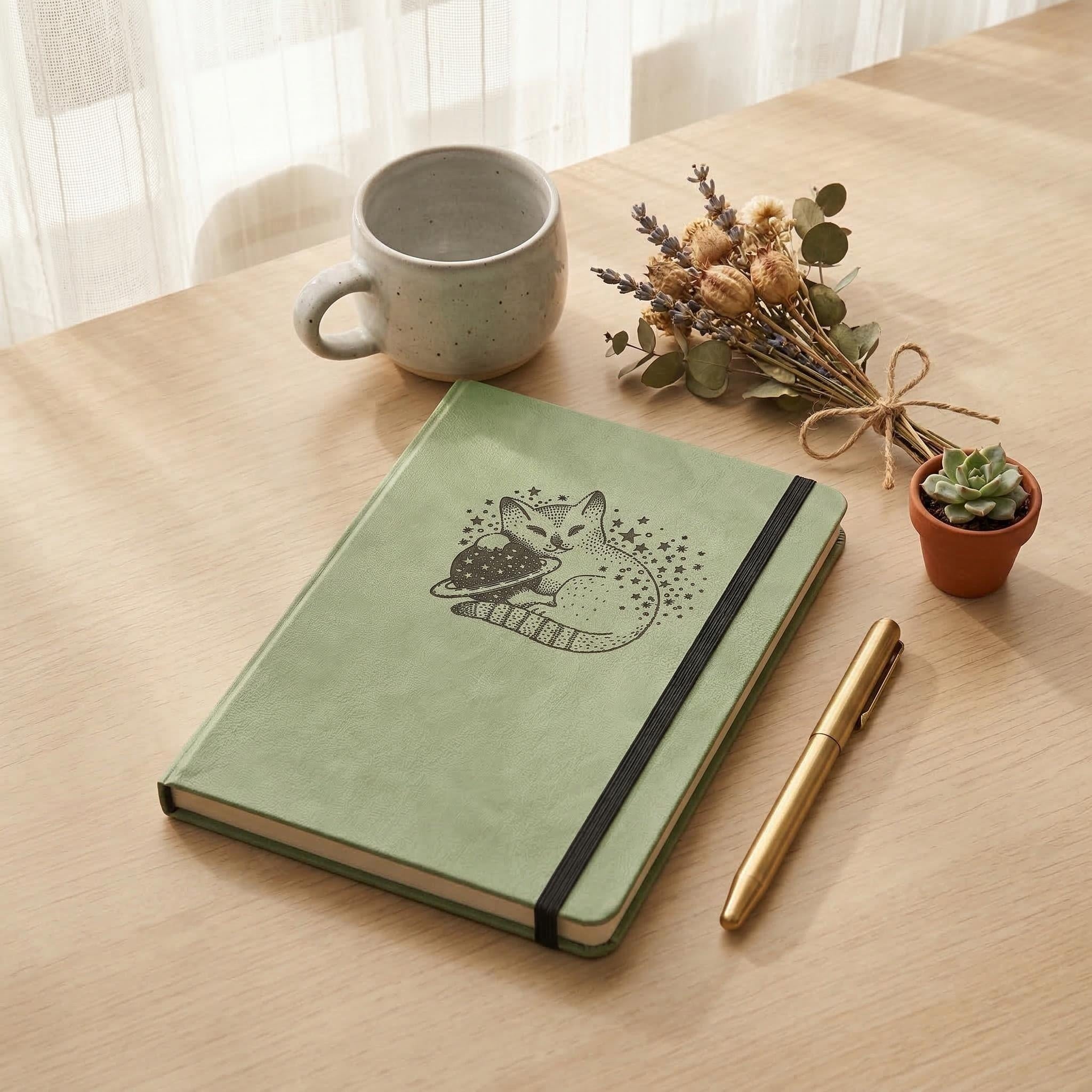 Stargazer Cat A5 Dot Grid Notebook 160gsm Sage Green Hardcover Journal-zoom-1