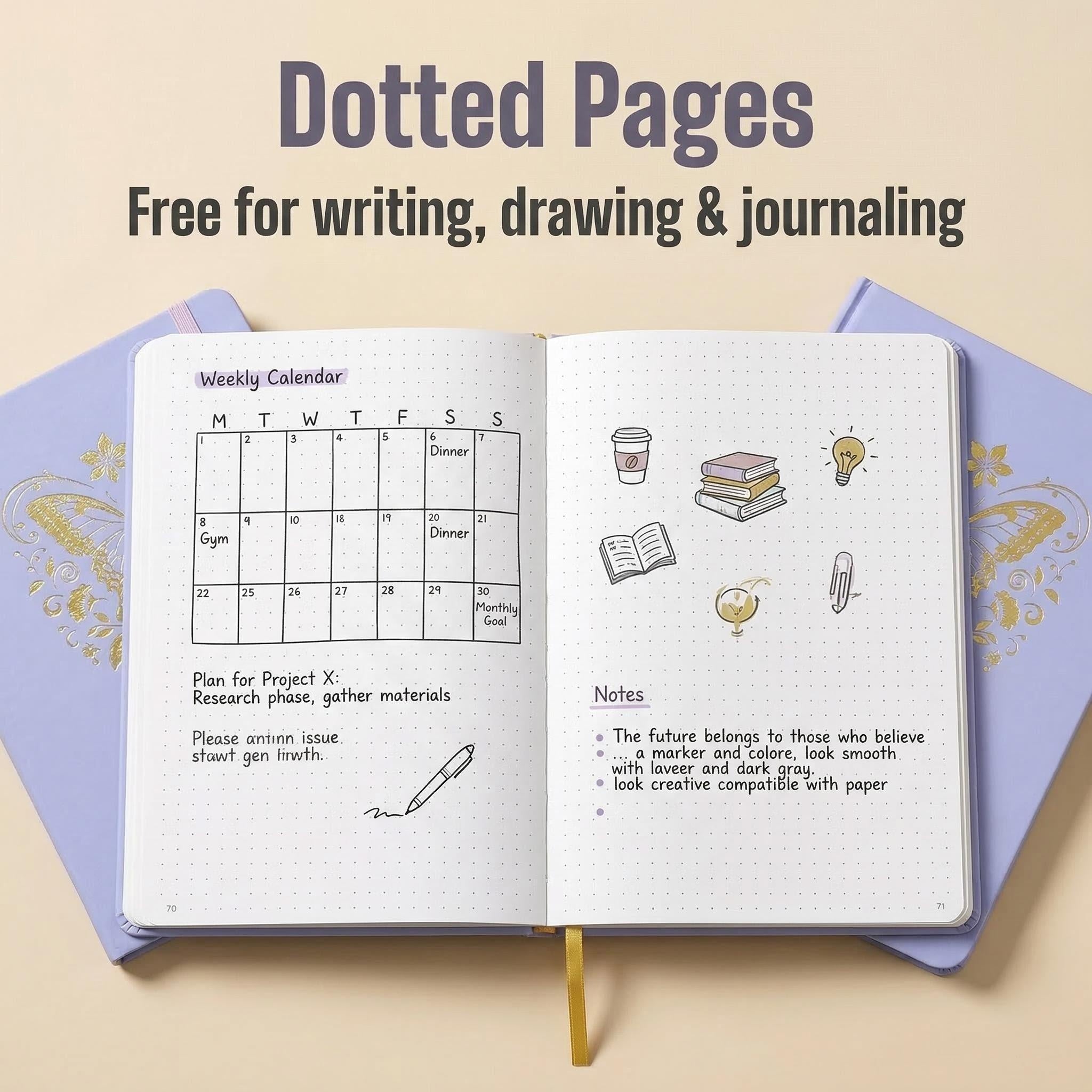 A5 Dot Grid Notebook Lavender Hardcover Journal with Gold Foil Butterfly Cover-zoom-3