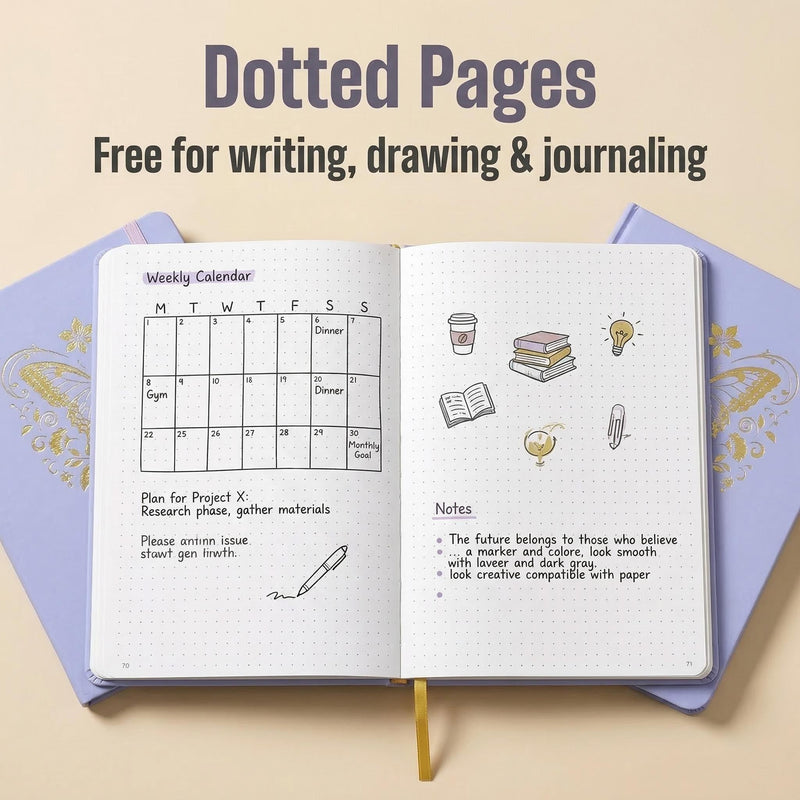 A5 Dot Grid Notebook Lavender Hardcover Journal with Gold Foil Butterfly Cover-zoom-