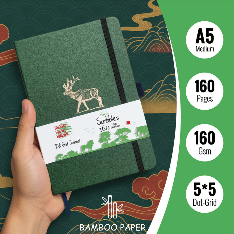 A5 Forest Green Deer Dot Grid Journal with 160gsm Bamboo Paper-zoom-