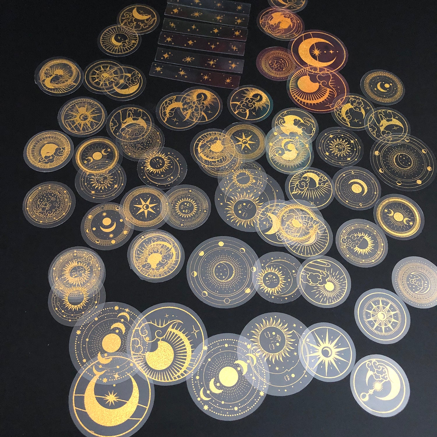 70 pcs Glitter Gold PET Adhesive Stickers Waterproof Transparent Label: SUN MOON Stars etc-zoom-4