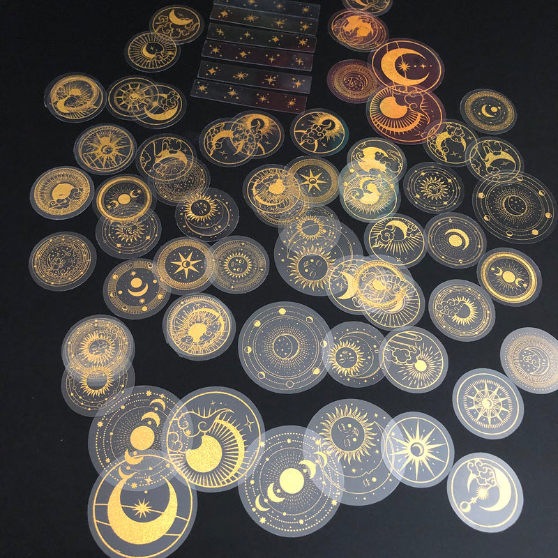 70 pcs Glitter Gold PET Adhesive Stickers Waterproof Transparent Label: SUN MOON Stars etc-zoom-
