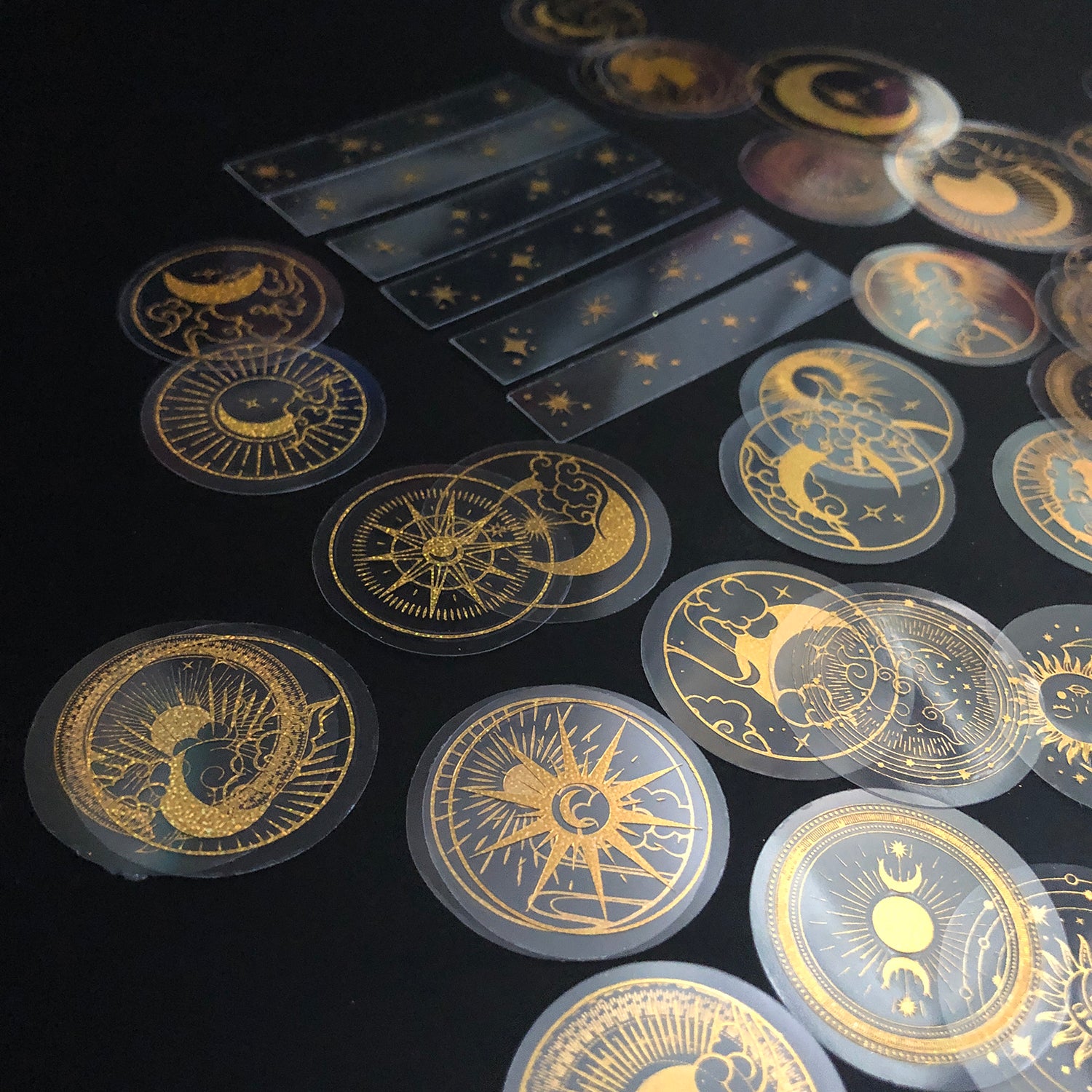 70 pcs Glitter Gold PET Adhesive Stickers Waterproof Transparent Label: SUN MOON Stars etc-12