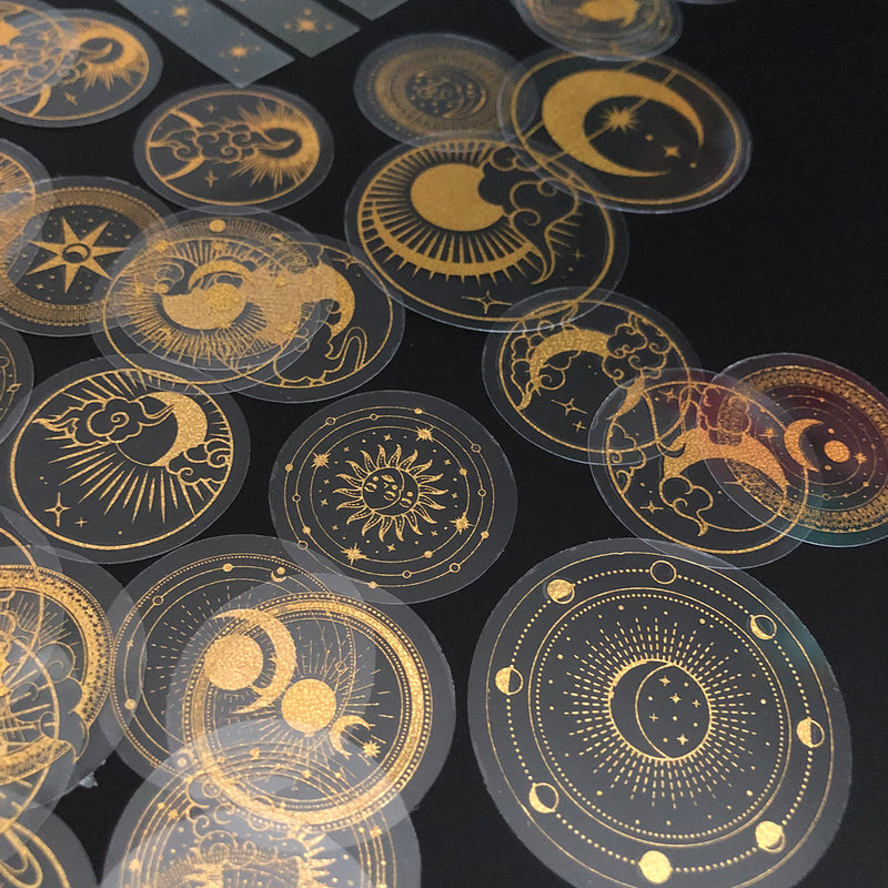 70 pcs Glitter Gold PET Adhesive Stickers Waterproof Transparent Label: SUN MOON Stars etc-zoom-