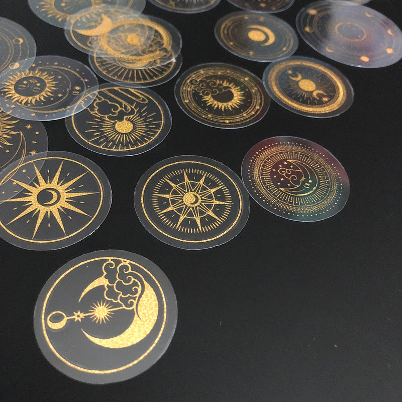 70 pcs Glitter Gold PET Adhesive Stickers Waterproof Transparent Label: SUN MOON Stars etc-zoom-