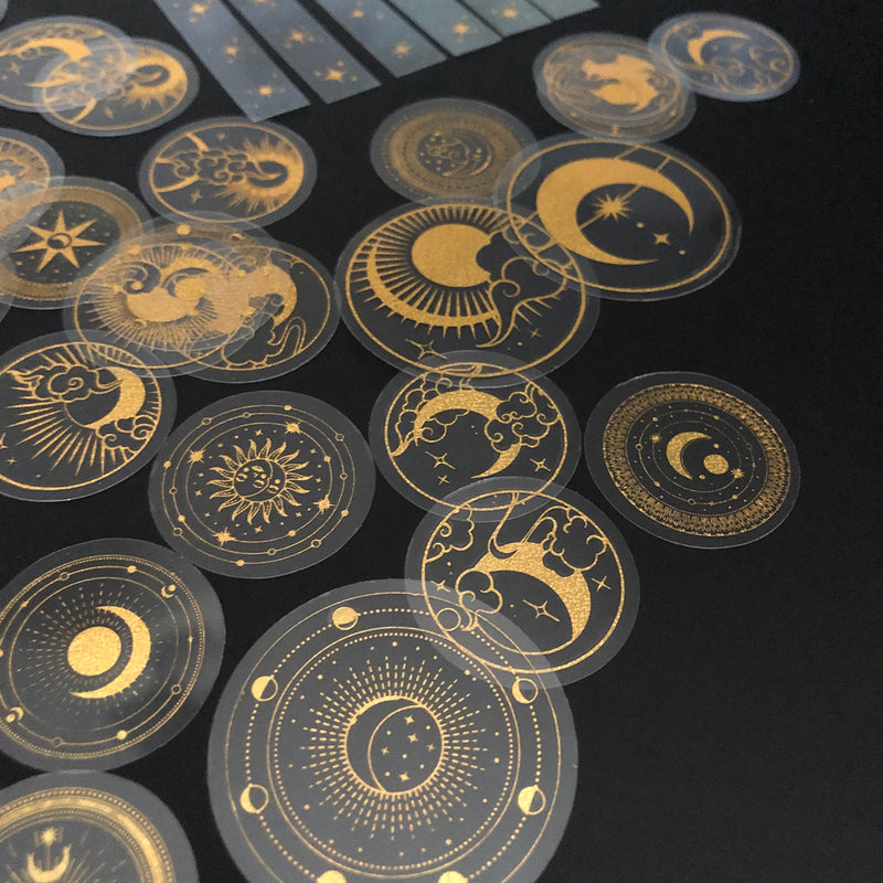 70 pcs Glitter Gold PET Adhesive Stickers Waterproof Transparent Label: SUN MOON Stars etc-zoom-