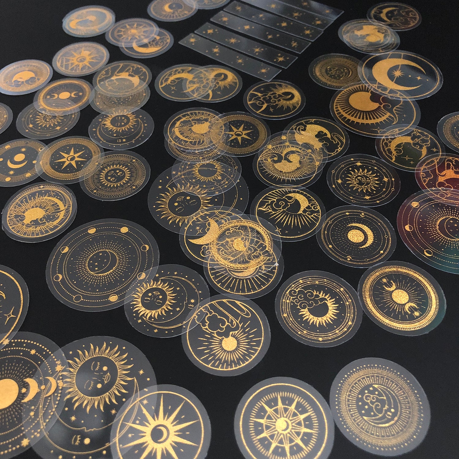 70 pcs Glitter Gold PET Adhesive Stickers Waterproof Transparent Label: SUN MOON Stars etc-5