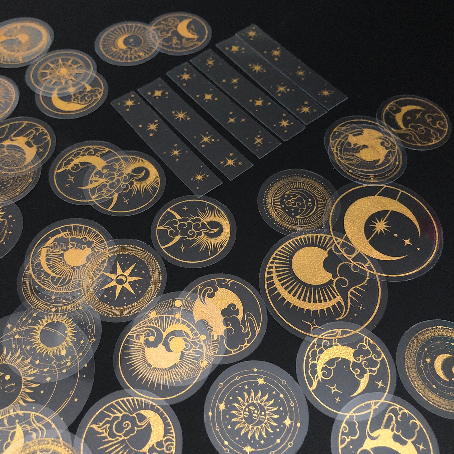 70 pcs Glitter Gold PET Adhesive Stickers Waterproof Transparent Label: SUN MOON Stars etc-zoom-6