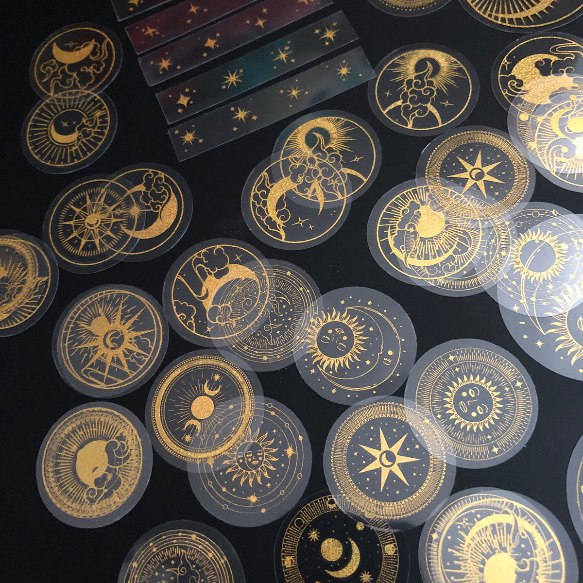 70 pcs Glitter Gold PET Adhesive Stickers Waterproof Transparent Label: SUN MOON Stars etc