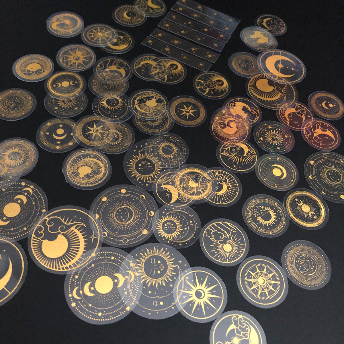 70 pcs Glitter Gold PET Adhesive Stickers Waterproof Transparent Label: SUN MOON Stars etc